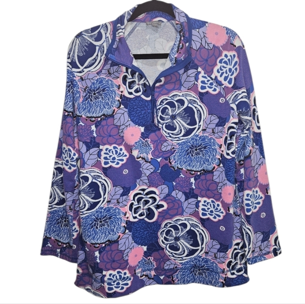 T by Talbots 1/4 Zip Floral Women's Medium Top Purple Pink Long Sleeve
